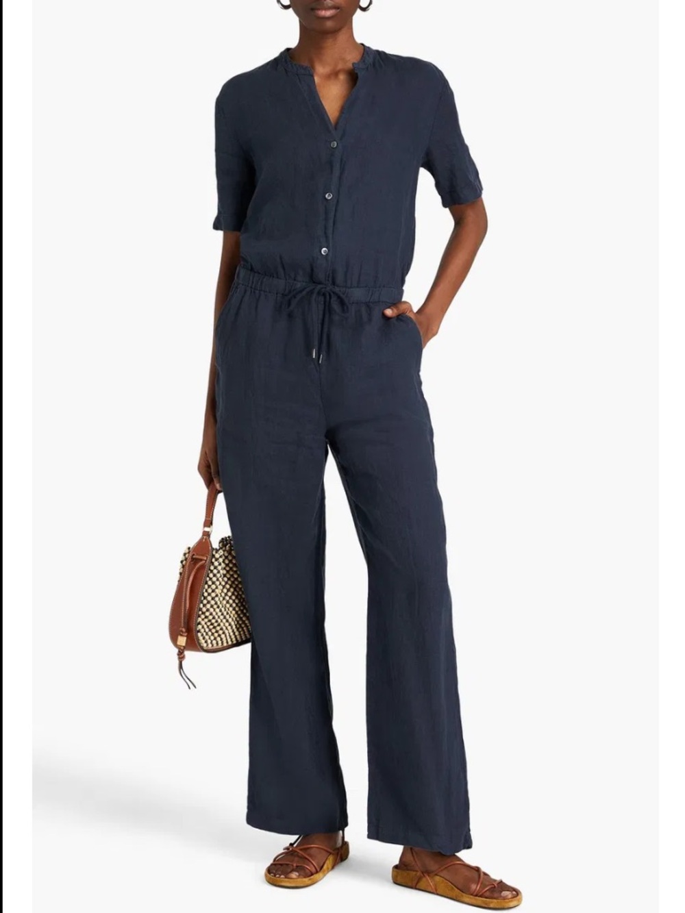 James Perse linen jumpsuit navy blue short sleeve minimalist modern coastal